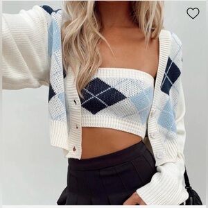 Full Tilt White and Blue Argyle Cardigan Set